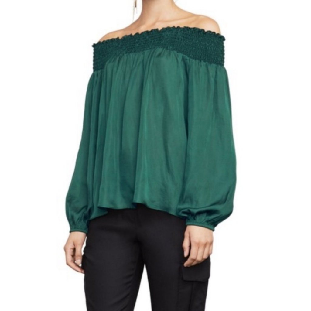 Bcbgmaxazria Forest/Jade Green Off The Shoulder Smock Shirt Size Small